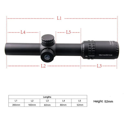 Technische Zeichnung des Grimlock 1–6×24 LPVO Zielfernrohrs mit Maßangaben zur Länge und Bauhöhe für optimale Montage auf Waffenplattformen.