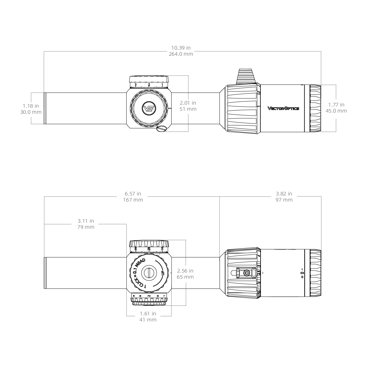 Technische Zeichnung des Tauron 1-6x24 FFP Zielfernrohrs mit Maßangaben für Montage und Kompatibilität mit Waffen.