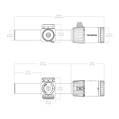 Technische Zeichnung des Tauron 1-6x24 FFP Zielfernrohrs mit Maßangaben für Montage und Kompatibilität mit Waffen.