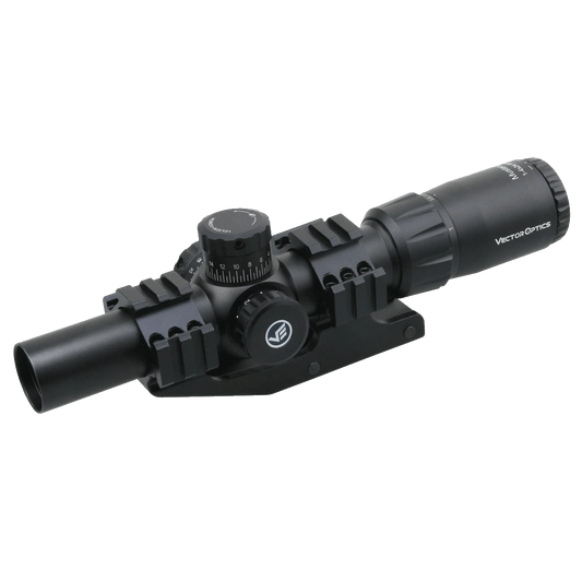 Mustang 1-4x24 FFP - Vector Optics Zielfernrohr mit 1-4x Vergrößerung und taktischen Einstelltürmen für präzises Schießen auf kurze Distanzen.