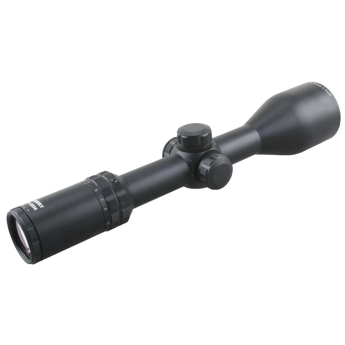 Seitliche Ansicht des Grizzly 3–12×56 Zielfernrohrs mit verstellbarem Okular und wetterfestem Design für den Jagdeinsatz.