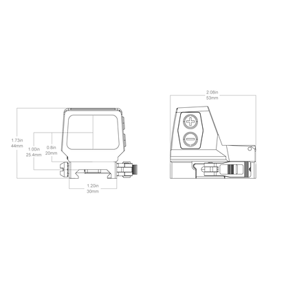 Technische Zeichnung des Frenzy Plus 1×22×32 QD mit Maßangaben, zeigt kompakte Bauweise und ergonomisches Design für Waffenmontage.