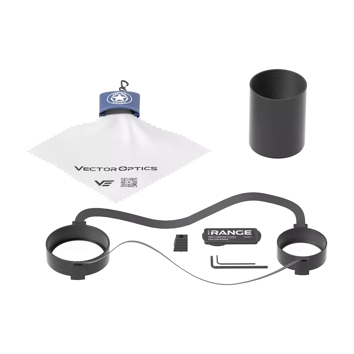 Lieferumfang des Tauron 5-25x56 HD MIL FFP Scopes inklusive Reinigungstuch, Sonnenblende, Schutzkappen und Werkzeugen.