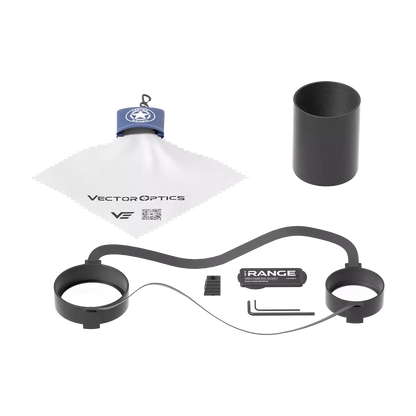 Lieferumfang des Tauron 5-25x56 HD MIL FFP Scopes inklusive Reinigungstuch, Sonnenblende, Schutzkappen und Werkzeugen.