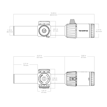 Technische Zeichnung des Vector Optics Tauron 1–6×24 SFP mit Maßangaben für Montage und Kompatibilität mit verschiedenen Montagesystemen.
