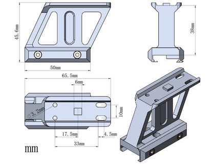 Technische Zeichnung der Picatinny RUM Montage mit 38mm Höhe, detaillierte Maße für präzise Waffenmontage.