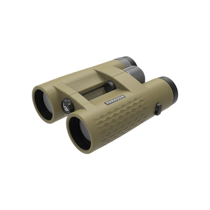 Paragon 10x42 HD Binoculars in olivgrünem Design mit offenem Brückensystem. Ideal für Birdwatching und Outdoor-Aktivitäten bei jedem Wetter.