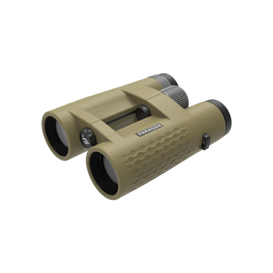 Paragon 10x42 HD Binoculars in olivgrünem Design mit offenem Brückensystem. Ideal für Birdwatching und Outdoor-Aktivitäten bei jedem Wetter.