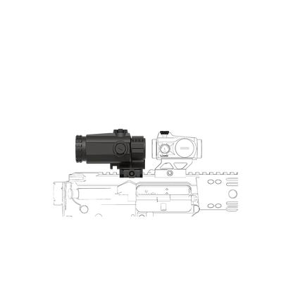 Seitenprofil des 3x Magnifier Maverick-III SCMF-31 mit robustem Aluminiumgehäuse. Präzise Optik für taktische Anwendungen.