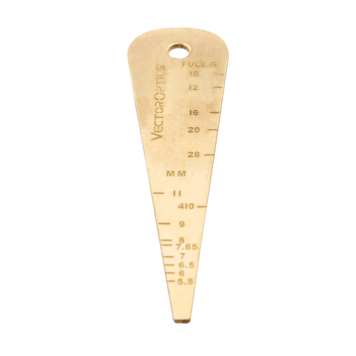 Kompakte Kaliberbestimmungs-Messlehre SCOT-58 aus Messing mit Skalen für mm, Zoll und Schrotkaliber, ideal als Schlüsselanhänger-Werkzeug.