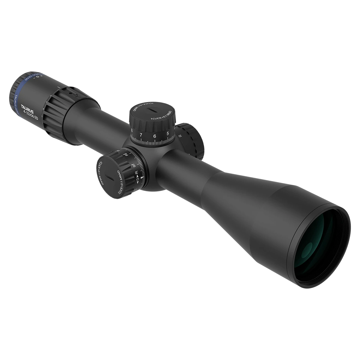 Seitliche Ansicht des Tauron 4-32x56 ED FFP Zielfernrohrs mit robustem Gehäuse und klarer Optik für professionelle Anwendungen.