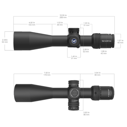 Technische Zeichnung des Veyron 4-16x44IR SCOL-48 mit präzisen Abmessungen für Montage und Kompatibilität.