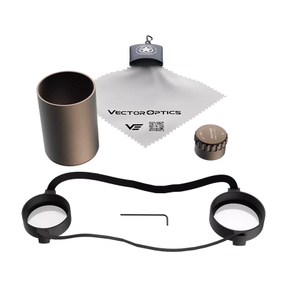 Zubehörset für das Continental x6 4-24x50 Tactical SFP Zielfernrohr inklusive Sonnenblende, Reinigungstuch und Schutzkappen.
