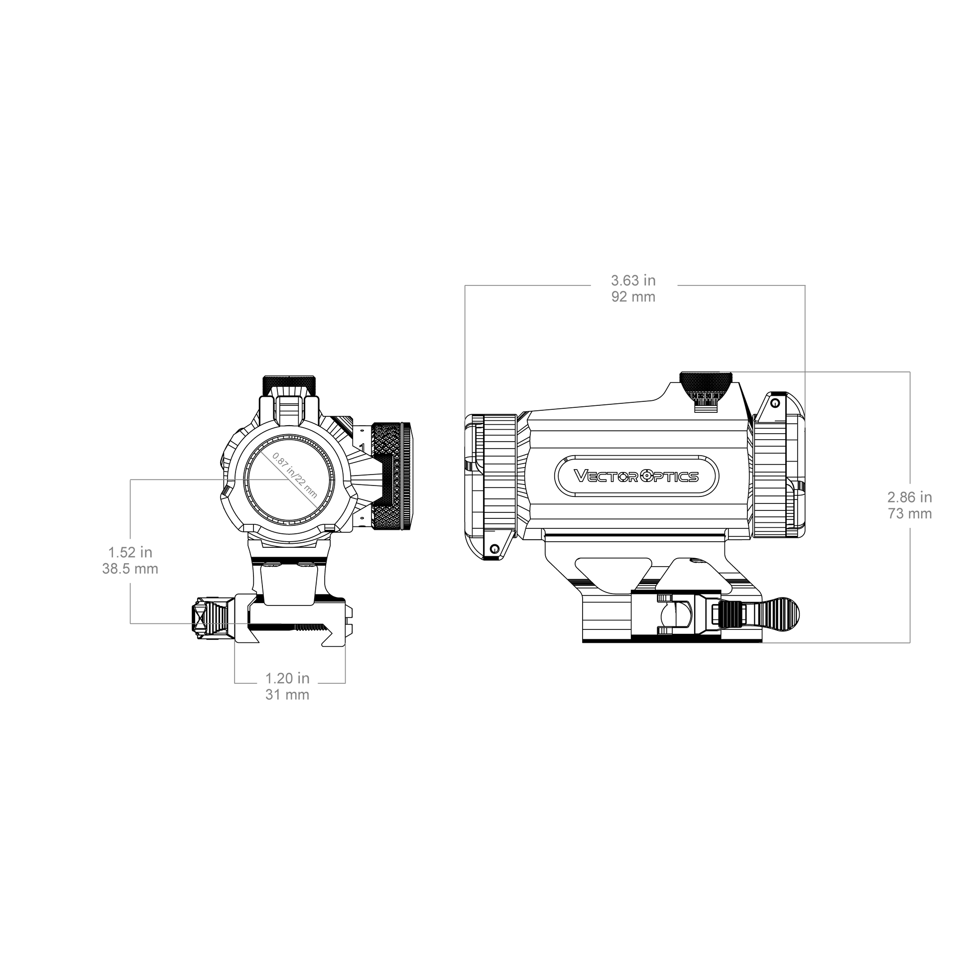 Technische Zeichnung des Maverick-II 1x25 Rotpunktvisiers mit Maßangaben für präzise Montage und Kompatibilität.