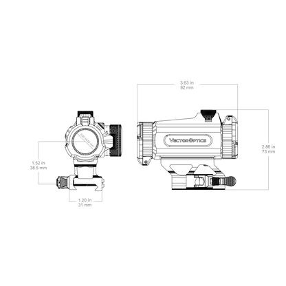 Technische Zeichnung des Maverick-II 1x25 Rotpunktvisiers mit Maßangaben für präzise Montage und Kompatibilität.