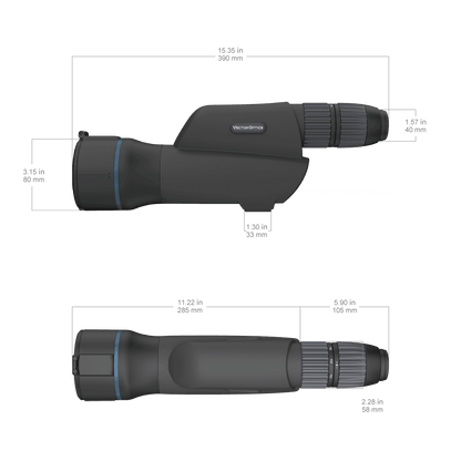 Technische Zeichnung des Continental 20-60x80ED - Fernrohr mit Maßangaben für Länge, Breite und Objektivdurchmesser. Ideal für Produktauswahl.