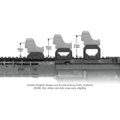 Seitenansicht der VAS Red Dot Sight Picatinny Montagen mit Höhenvergleich von 38 mm bis 57 mm, passend für verschiedene Zieloptiken.