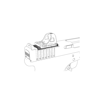 Illustration zeigt RMS Footprint Adapter SCFRM-16 montiert auf Glock MOS mit Red Dot Sight, ideal für taktische Anwendungen.