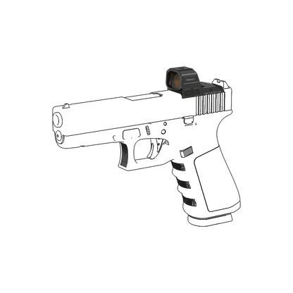 Illustration zeigt Frenzy Red Dot Sight montiert auf Glock MOS Pistole, ideal für präzises Schießen im taktischen Einsatz.