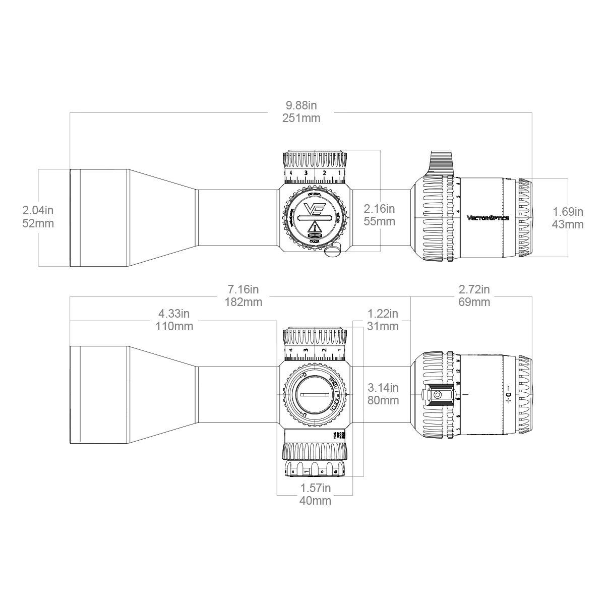 Technische Zeichnung des Absehens im Veyron GenII 4-16x44 HD CTR Zielfernrohr mit Maßangaben zur Entfernungskalkulation.