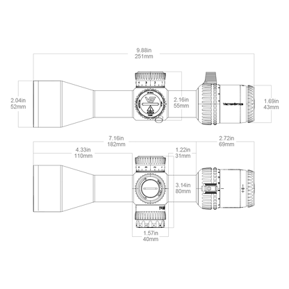 Technische Zeichnung des Absehens im Veyron GenII 4-16x44 HD CTR Zielfernrohr mit Maßangaben zur Entfernungskalkulation.