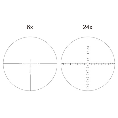 Vergleichsansicht des VOR-4 MIL Absehens im Orion Pro Max 6-24x50 MIL Zielfernrohr bei 6-facher und 24-facher Vergrößerung.