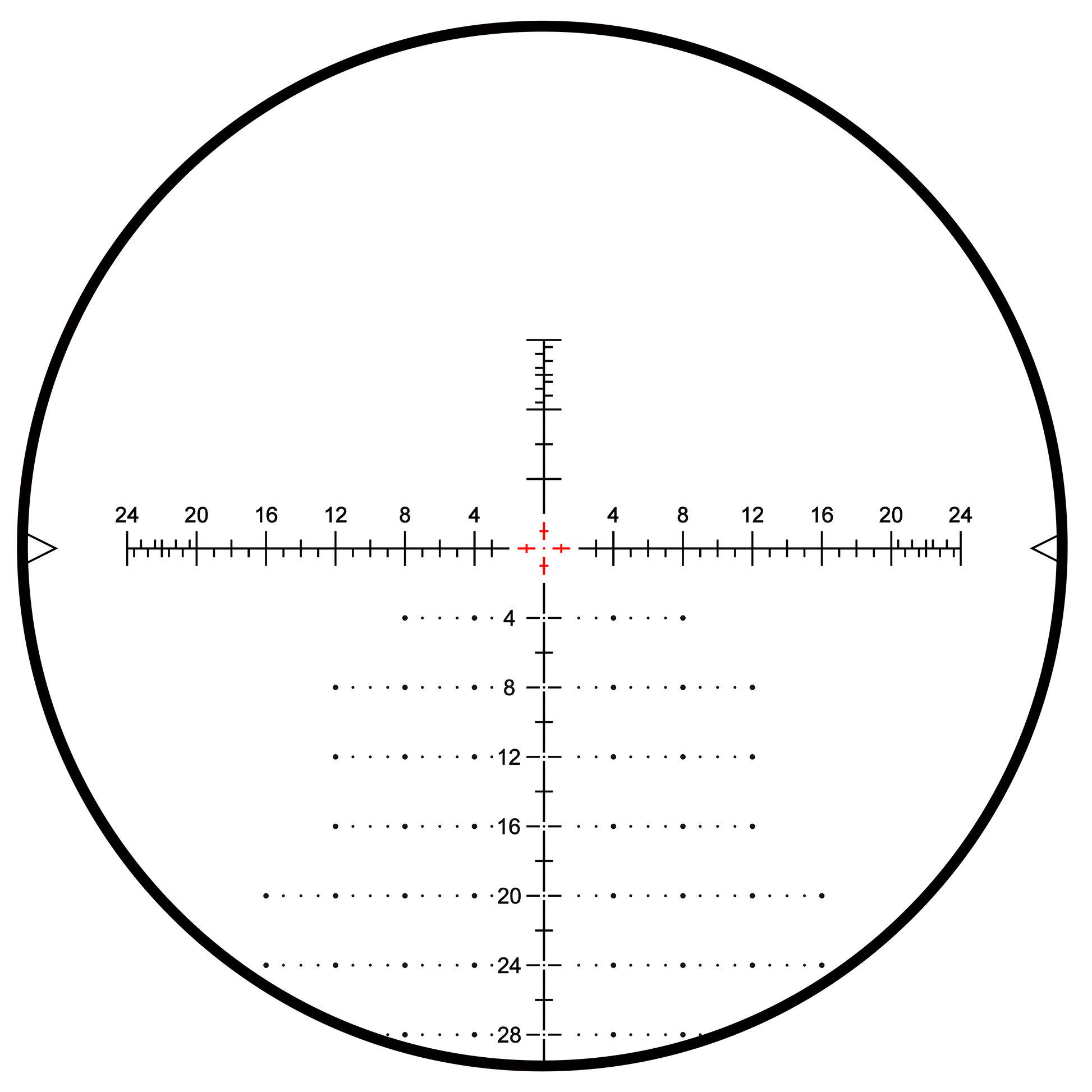 VTA-4 MOA-Absehen des Tauron 6-24x50 HD Zielfernrohrs mit roter Beleuchtung für präzise Zielerfassung bei allen Lichtverhältnissen.