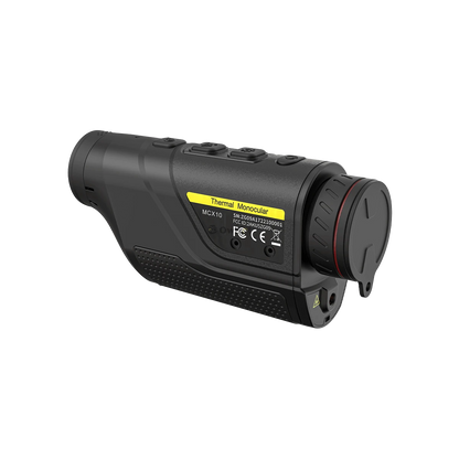 Rückansicht der Wärmebildkamera OwlSet MXC10 mit Modellkennzeichnung und CE-Zertifizierung, kompakt und robust für den Outdoor-Einsatz.