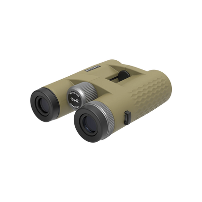 Rückansicht der Paragon 10x42 HD Binoculars mit Dioptrienausgleich und 10x42 HD-Markierung. Hochauflösende Optik für präzise Beobachtungen im Freien.