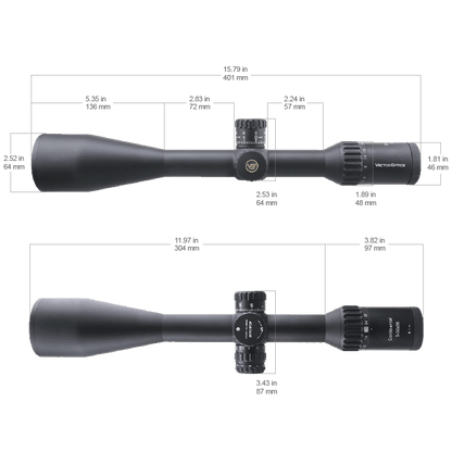 Technische Zeichnung des Cont. x6 5-30x56 SFP Zielfernrohrs mit Maßangaben zur genauen Passform und Montage auf Waffen.
