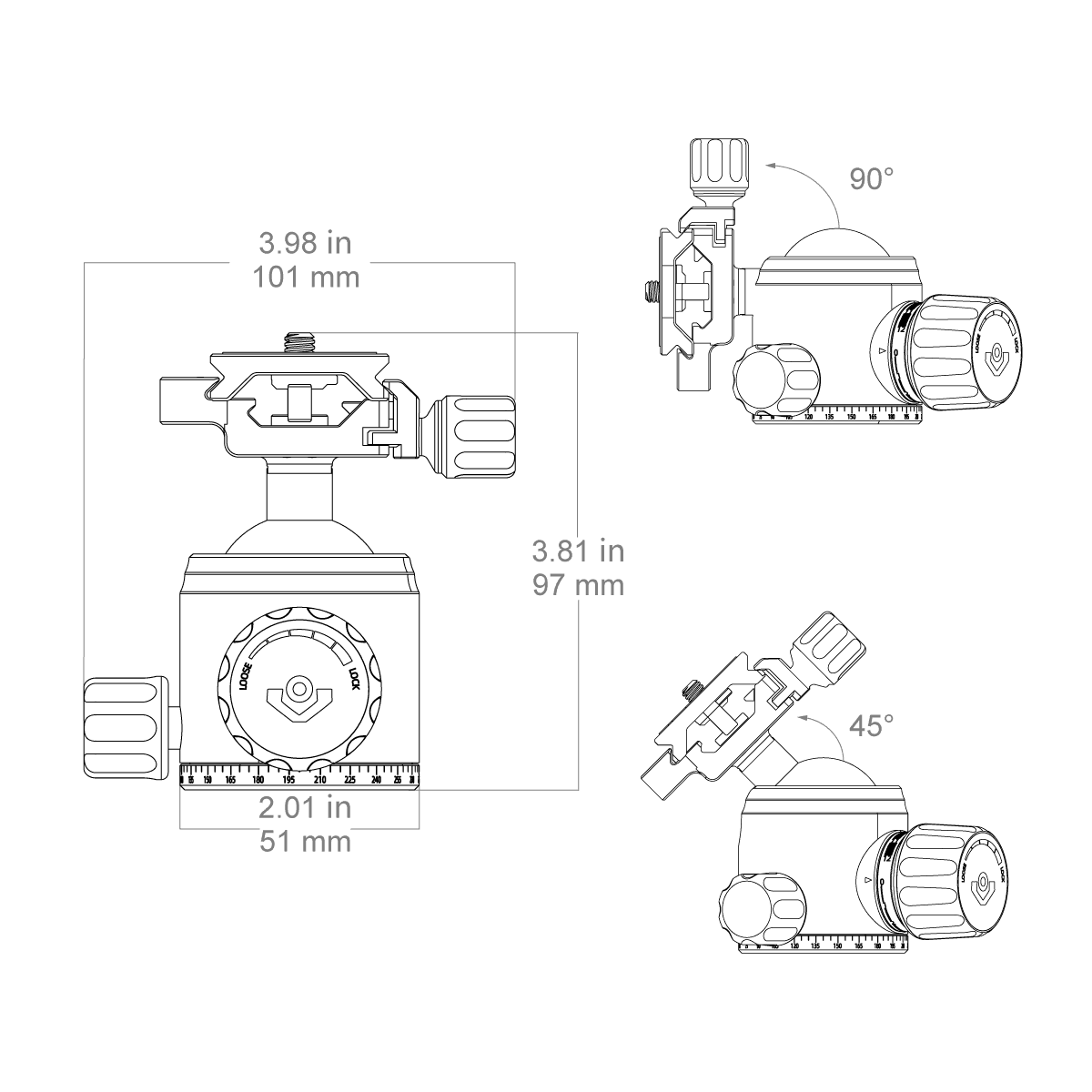 Technische Zeichnung des 38mm Kugelkopfs RSRH-01 mit Maßen und Neigungswinkeln, passend für Stativ RSCF-T01 und vielseitige Einsatzbereiche.