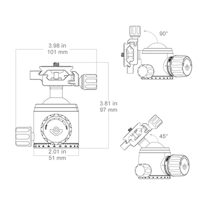 Technische Zeichnung des 38mm Kugelkopfs RSRH-01 mit Maßen und Neigungswinkeln, passend für Stativ RSCF-T01 und vielseitige Einsatzbereiche.
