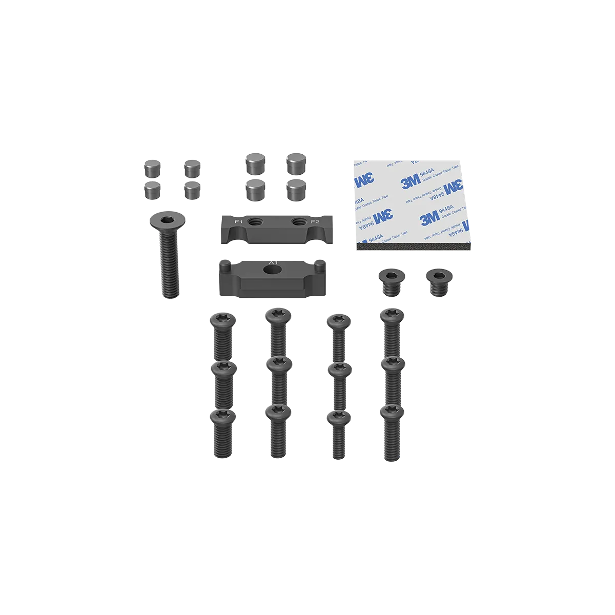 Lieferumfang des Glock Pistolen Universaladapters SCFRM-GK11 mit Schrauben, Abstandshaltern und 3M-Klebepads für Optiken-Montage.