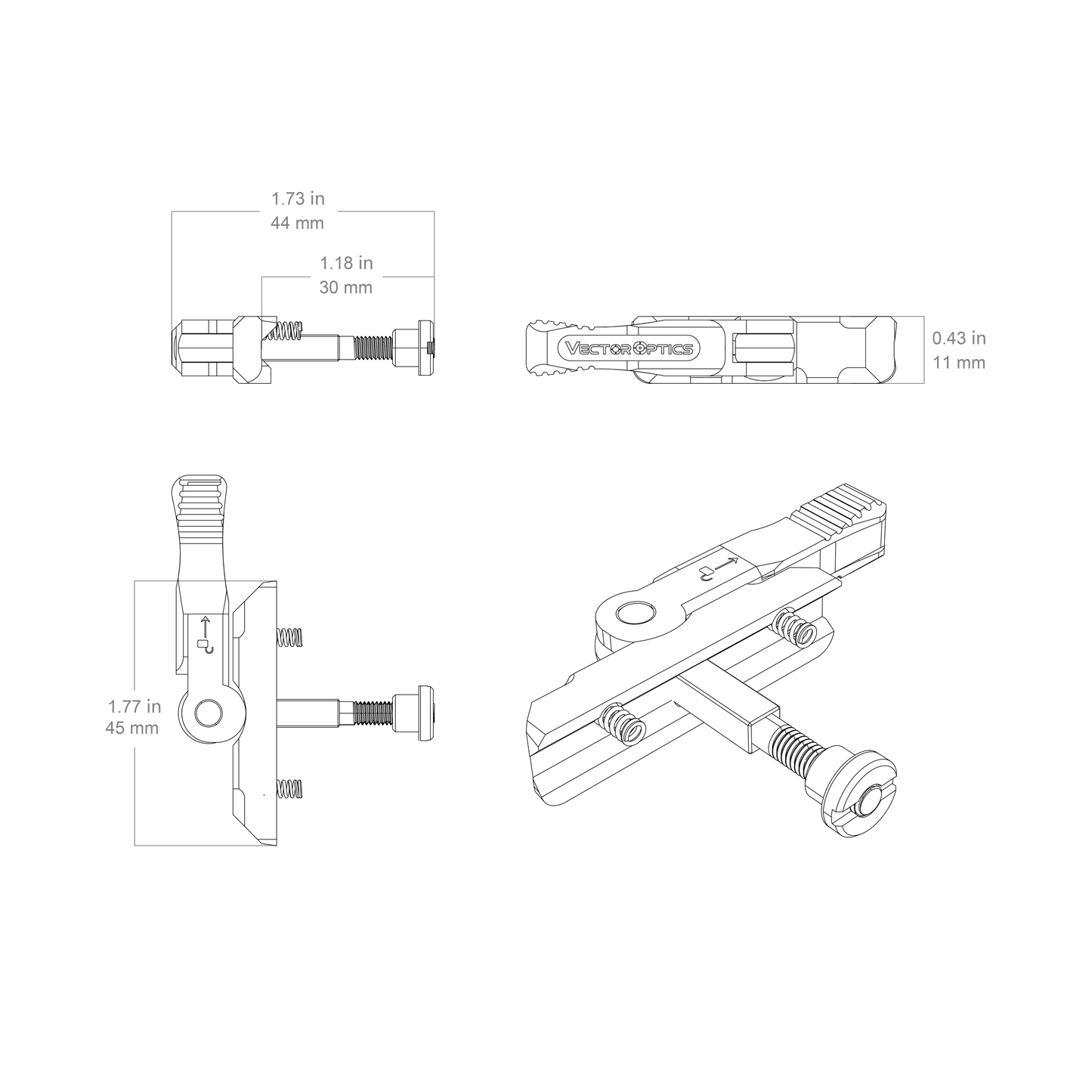 Technische Zeichnung des VAS™ QD-Lever - VAS Schnellmontage mit präzisen Maßangaben für Optikzubehör an Waffen.