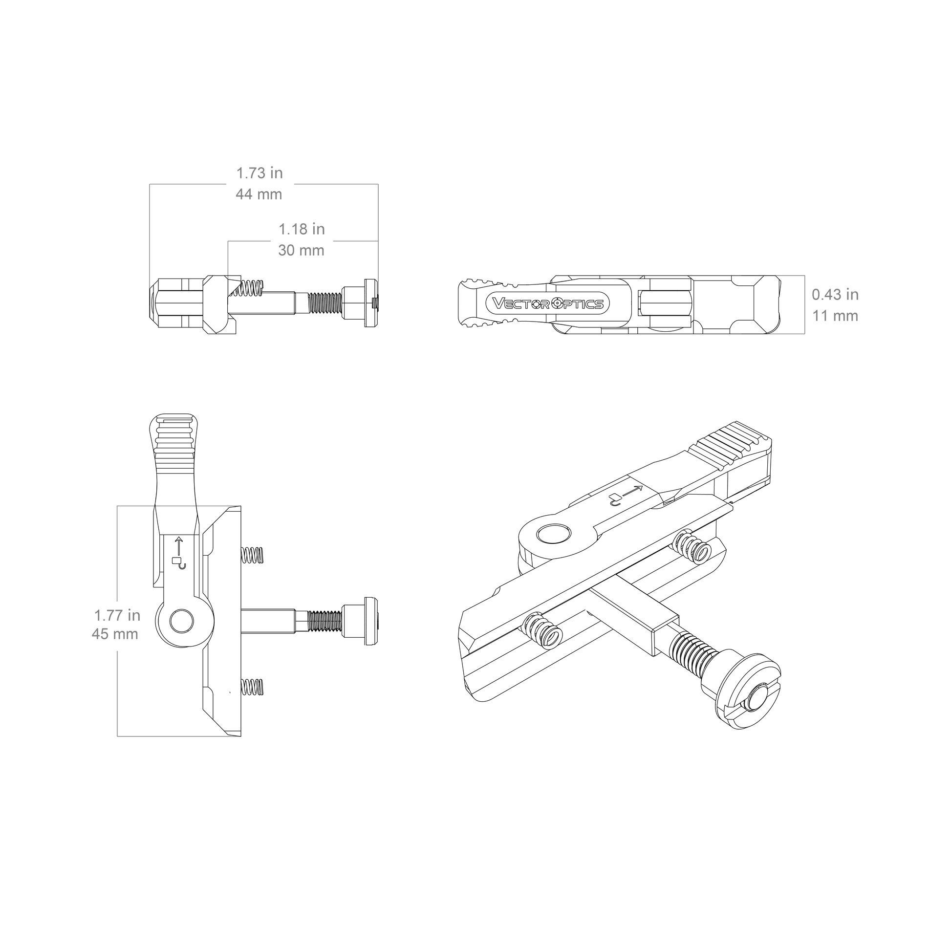 Technische Zeichnung des VAS™ QD-Lever - VAS Schnellmontage mit präzisen Maßangaben für Optikzubehör an Waffen.