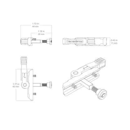 Technische Zeichnung des VAS™ QD-Lever - VAS Schnellmontage mit präzisen Maßangaben für Optikzubehör an Waffen.