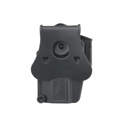 Rückansicht des Universalholsters GPHR-01 mit Gürtelclip und stabiler Polymerkonstruktion, geeignet für taktische Anwendungen.
