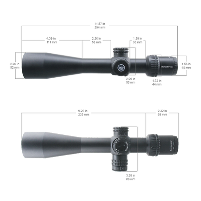 Technische Zeichnung des Veyron 6-24x44 IR Zielfernrohrs mit Maßangaben zur optimalen Montage auf Waffenplattformen.
