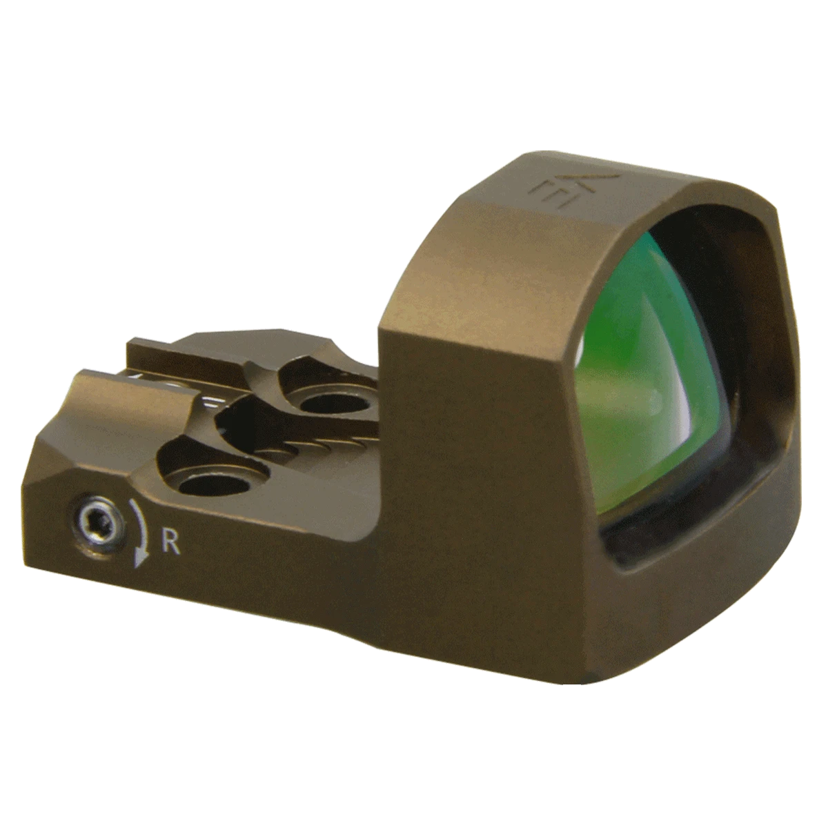 Seitliche Ansicht des Frenzy-S 1x17x24 Reflexvisiers mit grün beschichtetem Objektiv und robustem Design für Waffenmontage bei der Jagd.