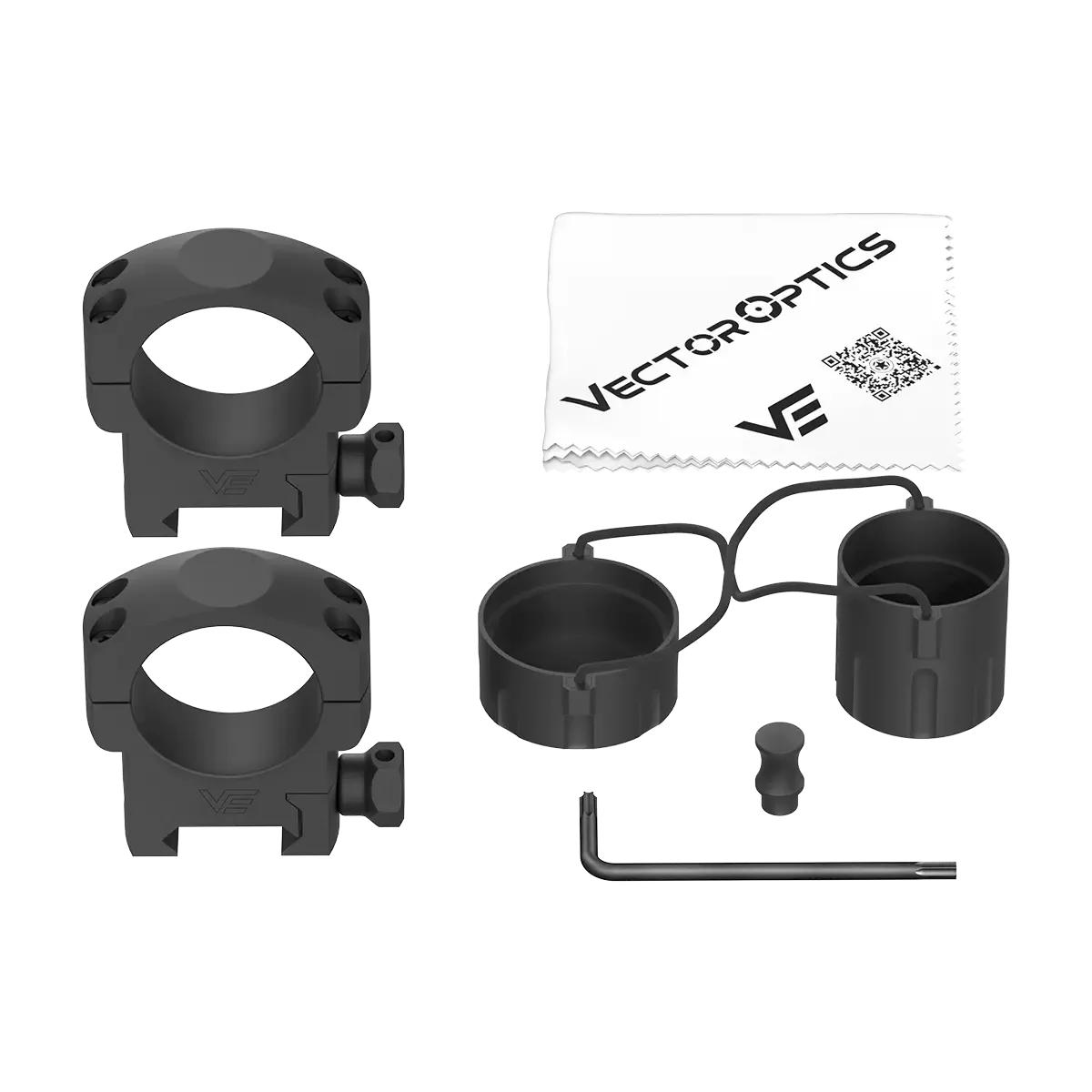Lieferumfang des Forester 1-5x24 SFP Fiber Zielfernrohrs mit Montageringen, Schutzkappen, Reinigungstuch und Werkzeug für einfache Montage.