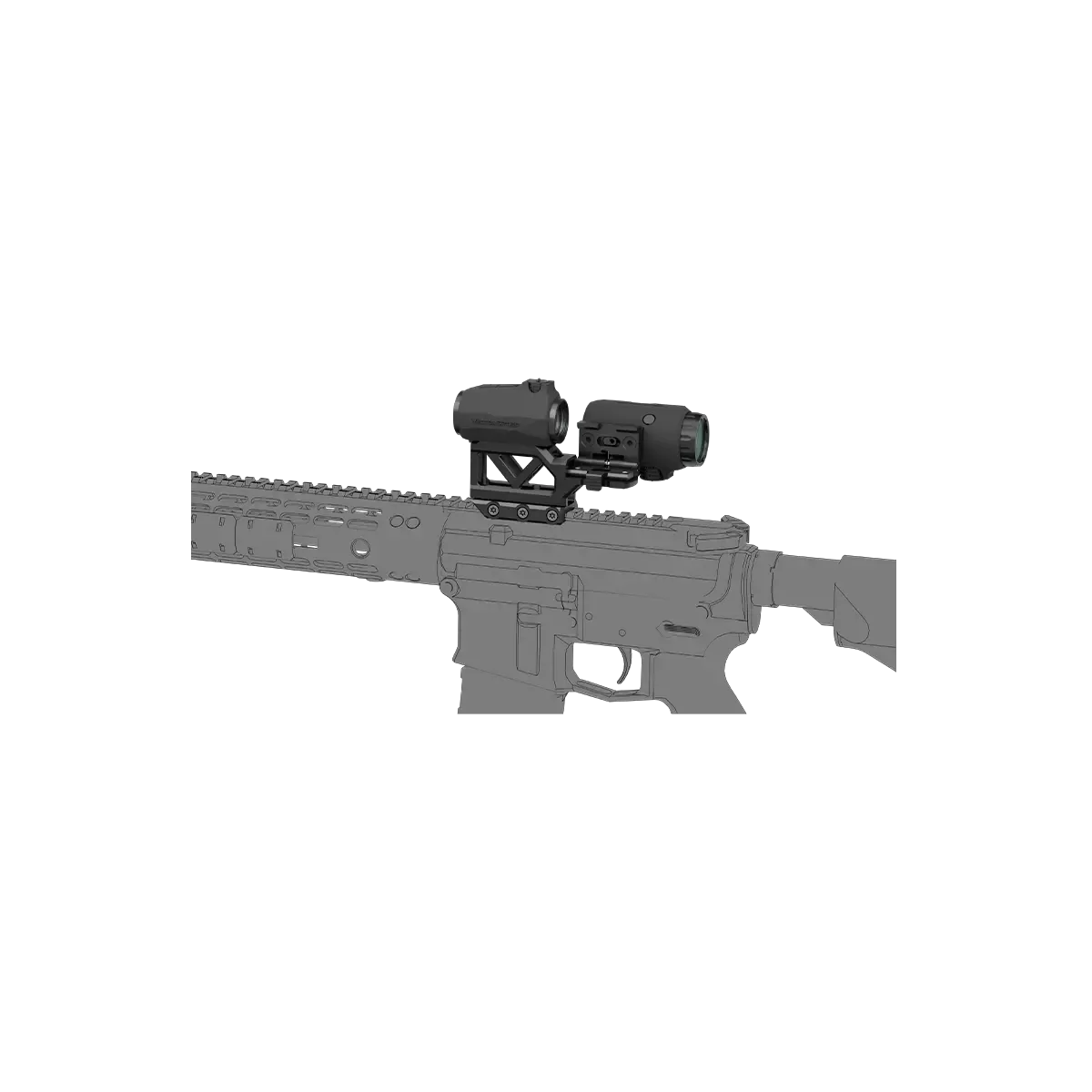 Vector Optics Maverick Flip-Magnifier auf taktischem Gewehr montiert, zeigt perfekte Kompatibilität mit Scrapper Red Dots.