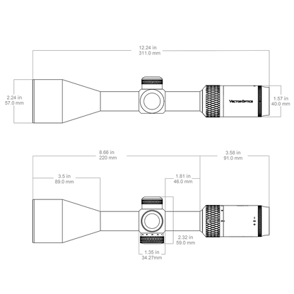 Technische Zeichnung des Matiz 3-9x50 Fiber SFP Zielfernrohrs mit Maßangaben für Montage und Kompatibilität mit Waffen.