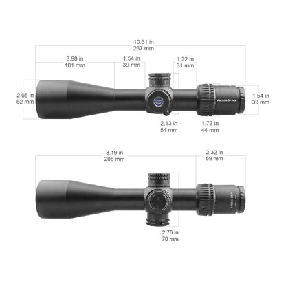 Technische Zeichnung des Veyron 4-16x44 FFP Zielfernrohrs mit Maßangaben für präzise Montage auf Jagd- und Sportwaffen.