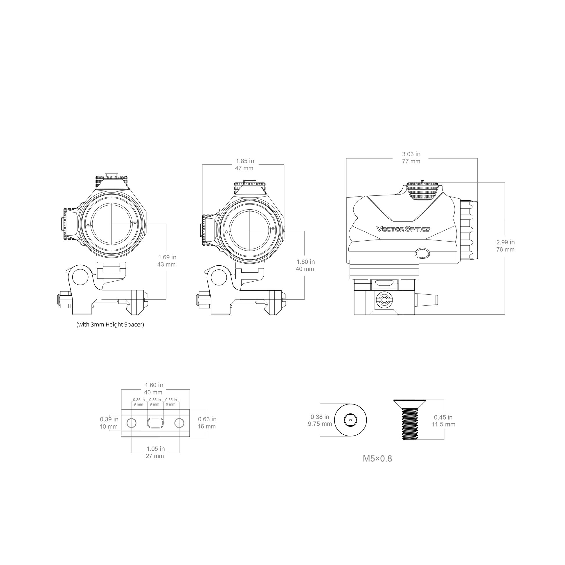 Technische Zeichnung des Maverick-IV 3x22 Magnifier mit detaillierten Abmessungen für präzise Montageplanung.