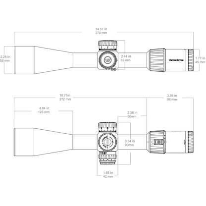 Technische Zeichnung des Tauron 4-24x50 FFP Zielfernrohrs mit genauen Abmessungen für Montage und Kompatibilität mit Montagesystemen.