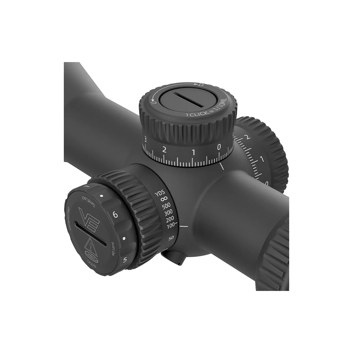 Detailansicht der Türme des Veyron GenII 4-16x44 HD CTR Zielfernrohrs mit klarer Skalierung für Höhen- und Seitenverstellung.