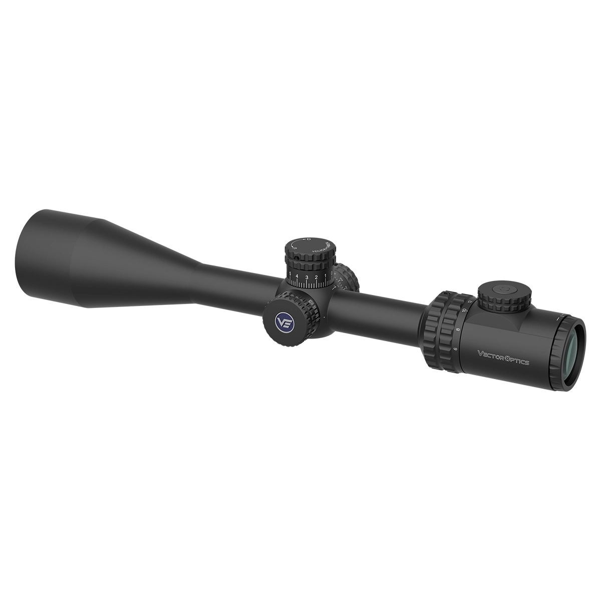 Seitliche Perspektive des Hugo 6-24x50GT SFP Zielfernrohrs von Vector Optics mit fein einstellbaren Türmen und mattschwarzem Finish.