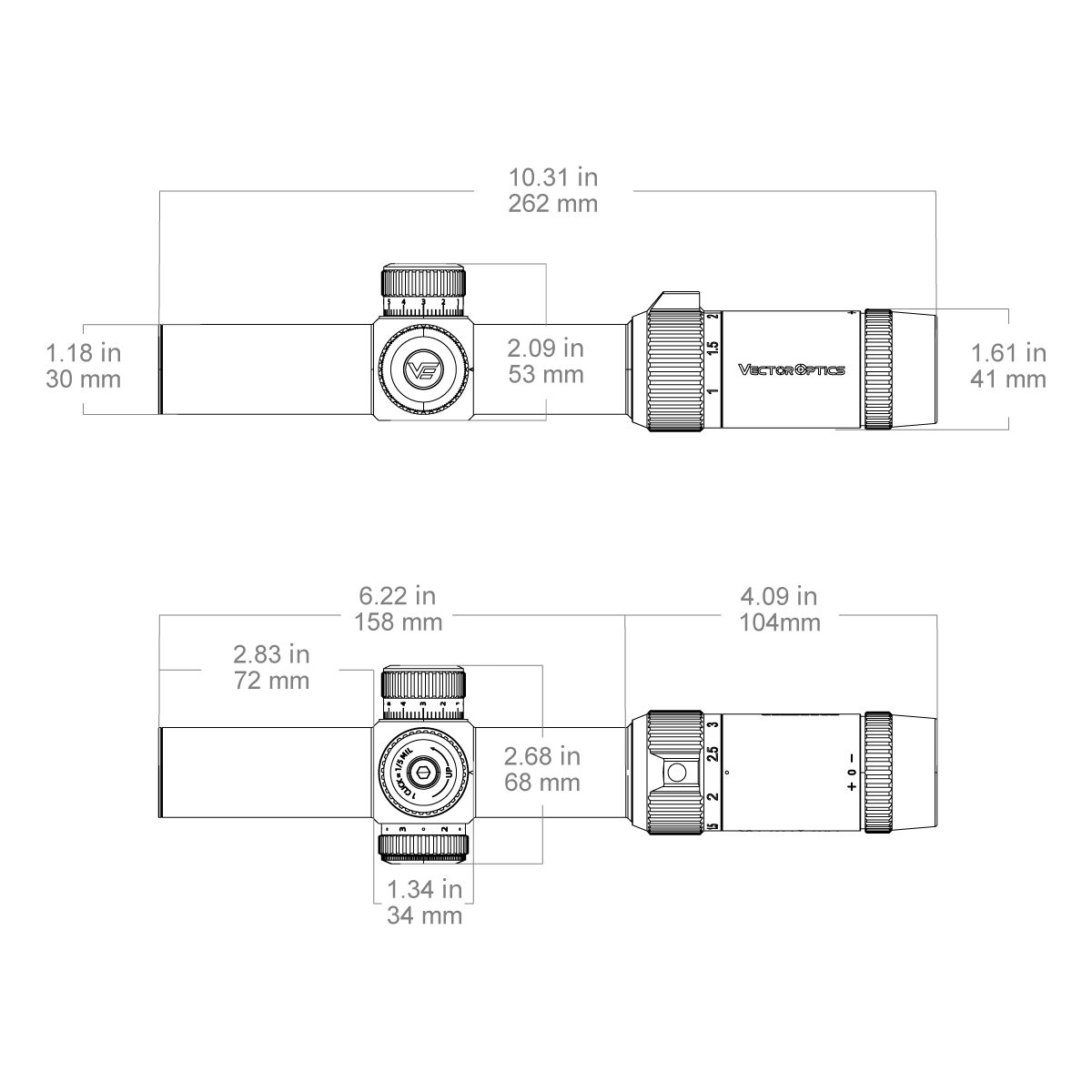 Technische Zeichnung des Forester 1-5x24 SFP Fiber (SCOC-54) mit genauen Maßen für Montage und Kompatibilität mit Waffenplattformen.