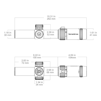 Technische Zeichnung des Forester 1-5x24 SFP Fiber (SCOC-54) mit genauen Maßen für Montage und Kompatibilität mit Waffenplattformen.