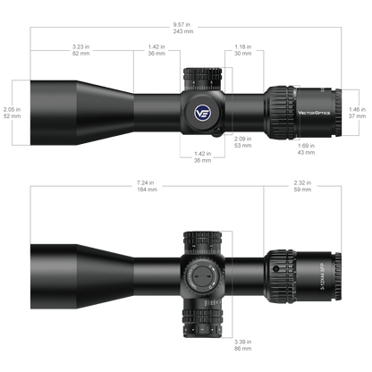Veyron 3–12×44 IR Zielfernrohr – technische Zeichnung mit genauen Abmessungen und kompaktem Aufbau für vielseitige Montagemöglichkeiten.